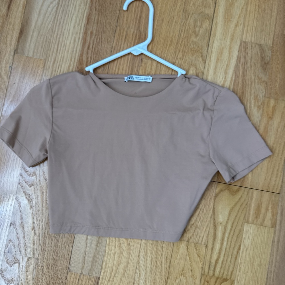 Zara Tan Fitted Crop T-Shirt Short Sleeve